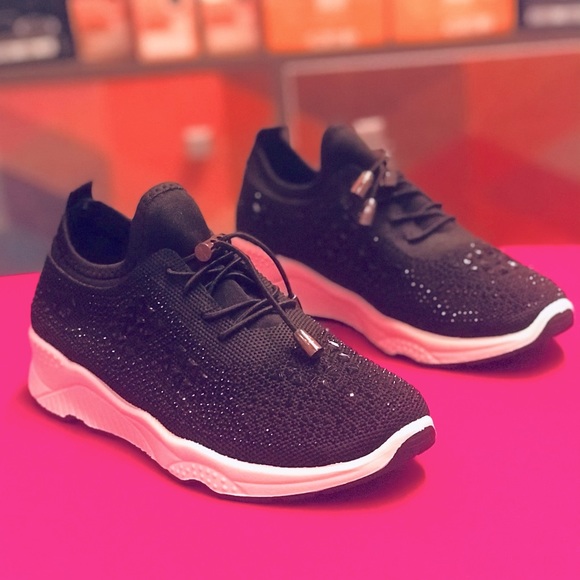 Restocked! Italina GEMA Lace Up Black Knit Platform Bubble Rhinestone Sneakers - Picture 2 of 12